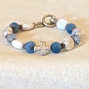 925 Cross, Stone, Pearl, and Crystal Toggle Bracelet